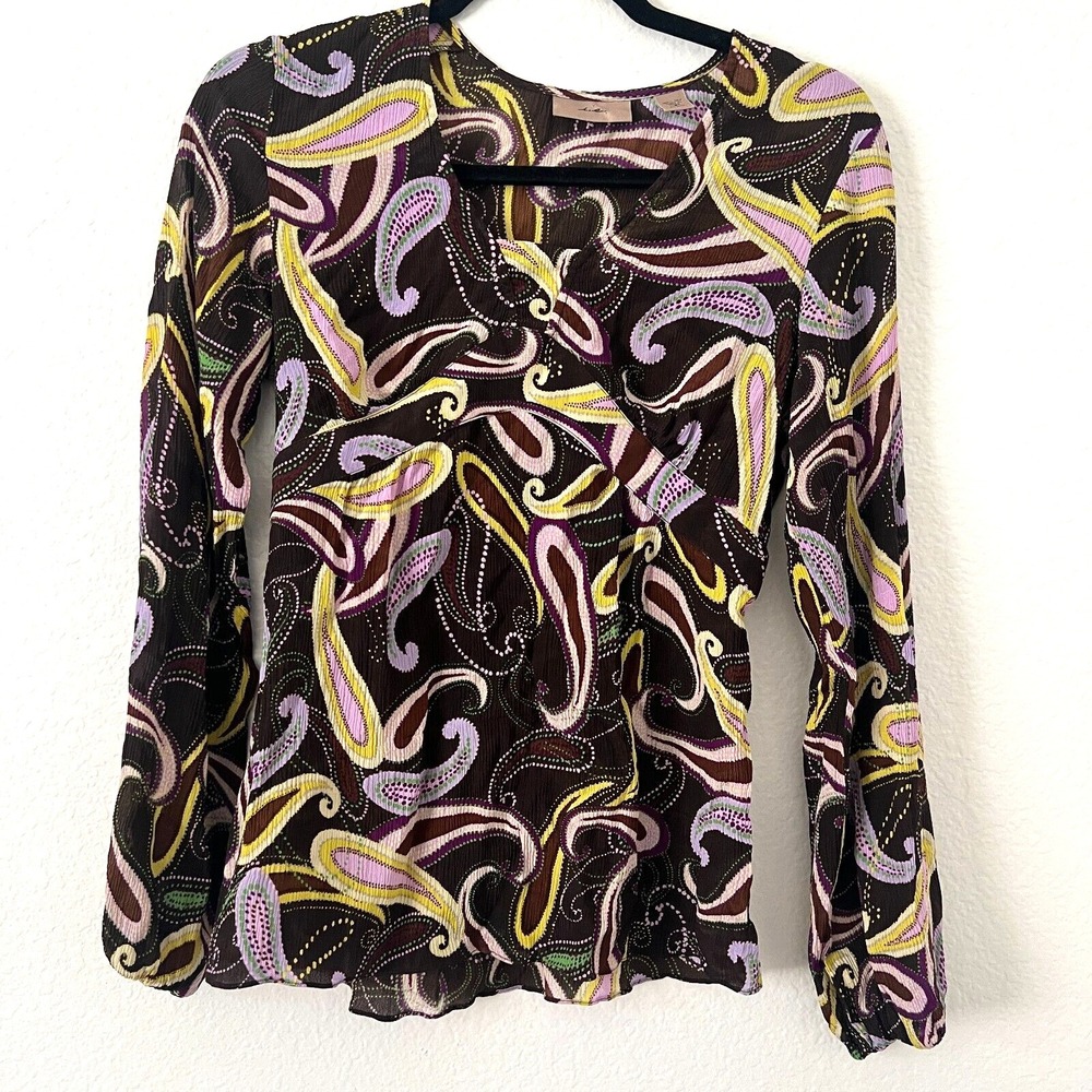 Vtg 90s Y2K Baby Doll i.e. Sz S‎ 100% Silk Women's Retro Paisley Textured Blouse